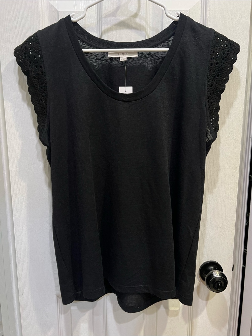 LOFT Black Cotton Blend Top with Eyelet Cap Sleeves